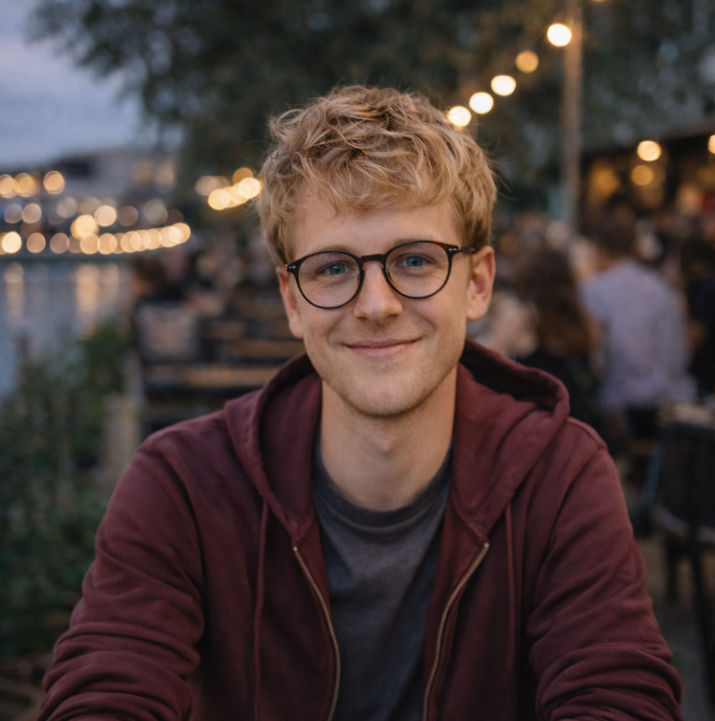 Blonder Student mit runder Brille sitzt abends draußen in Saarbrücken an einem Holztisch; Laptop im Vordergrund, Bars und Lichter im Hintergrund.