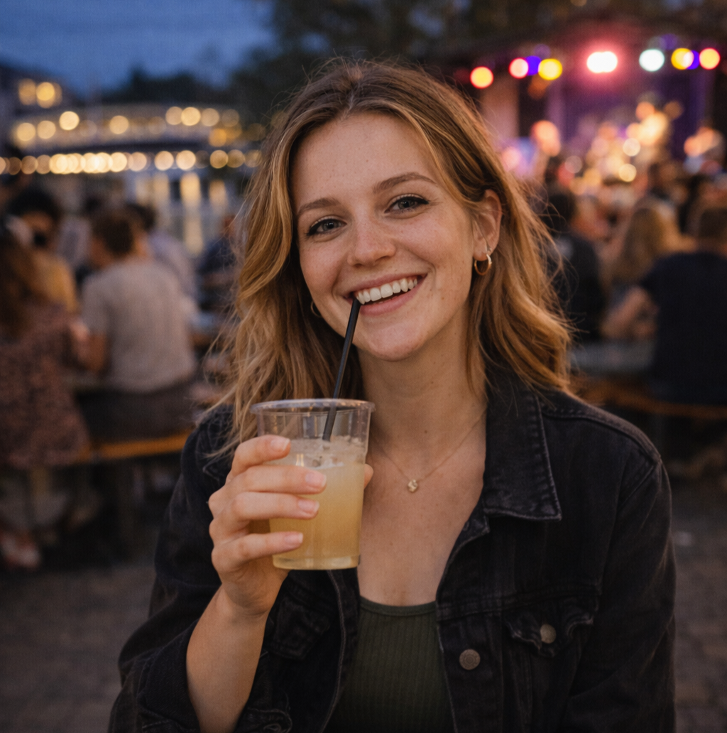 Erasmus-Studentin sitzt abends draußen in Saarbrücken; Lichterketten und eine kleine Bühne sind im Hintergrund zu sehen, sie lächelt entspannt in die Kamera.