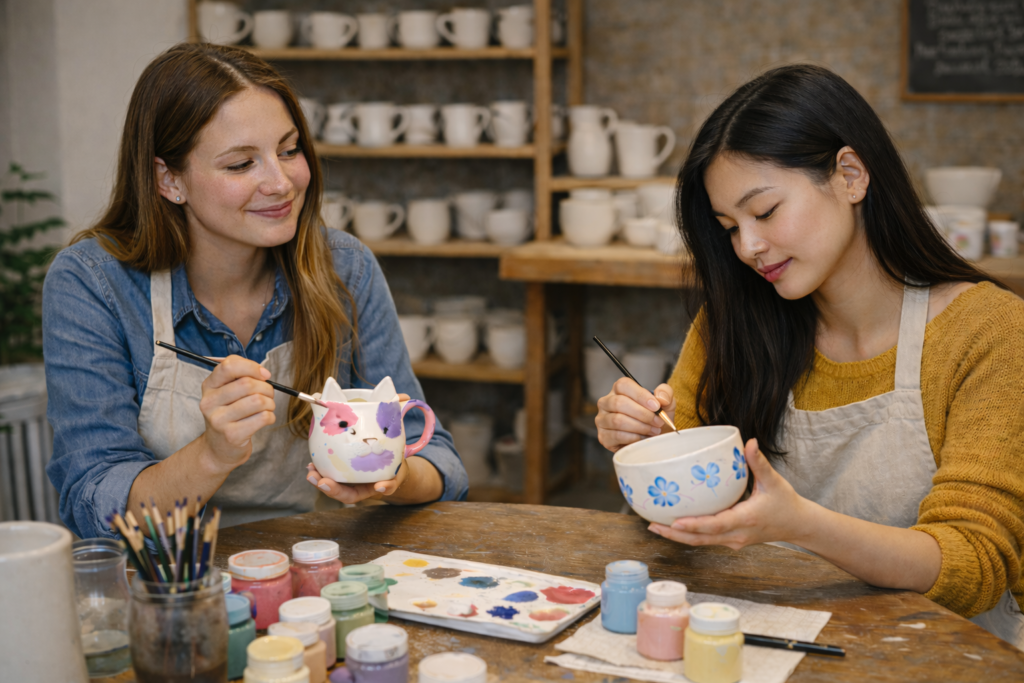 Keramik bemalen in Saarbruecken: zwei Studierende bemalen Tassen im Keramikstudio – kreative Aktivitaet fuer Date oder WG-Abend