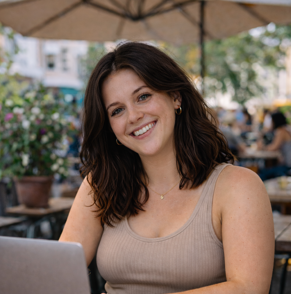 Junge Studentin mit dunkelbraunen, welligen Haaren sitzt in einem Café in Saarbrücken am Laptop; Cappuccino, Notizbuch und Stift liegen auf dem Tisch.