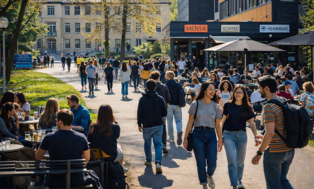 Campusleben in Saarbrücken: Studierende unterwegs an Mensa und Campus-Cafés – Uni-Alltag und Treffpunkte auf dem Campus