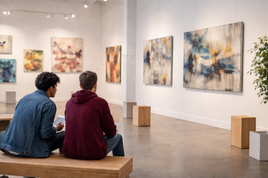 Zwei junge Besucher sitzen in einer modernen Galerie in Saarbrücken und schauen sich abstrakte Kunst an – Tipps für Galerien und Off-Spaces für Studierende.