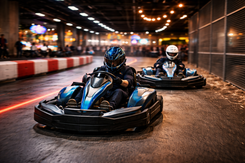 studenten fahren kart auf der kartbahn im kartpalast in saarbruecken
