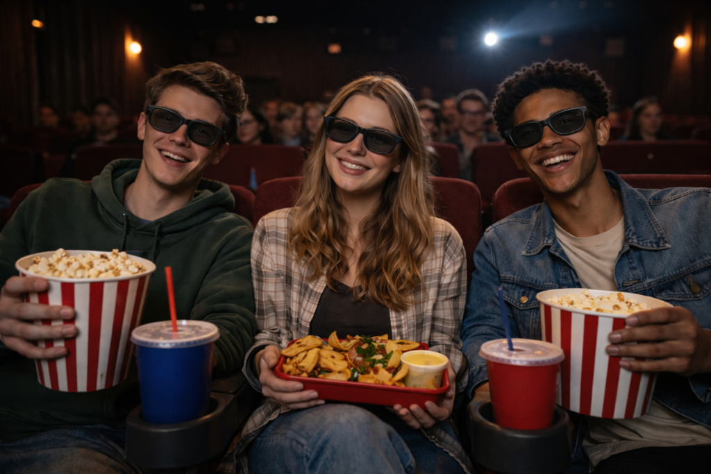 Drei Studierende sitzen in einem Kino in Saarbruecken, tragen 3D-Brillen und halten Popcorn, Nachos und Getraenke – Tipps fuer Kino und Film in Saarbruecken.
