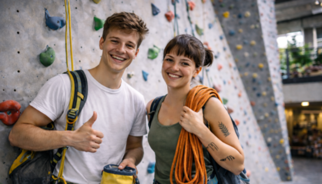 Zwei Studierende in einem Kletterzentrum in Saarbruecken posieren in Klettergurt und mit Seil vor der Kletterwand – guenstiger Sport fuer Studierende mit Studentenrabatt.