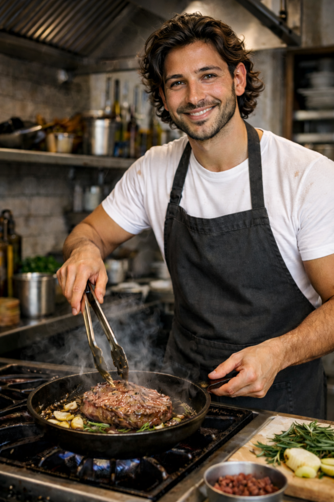 Junger Koch in Saarbrücken brät Steak am Herd – Studententipps für Restaurants & gutes Essen