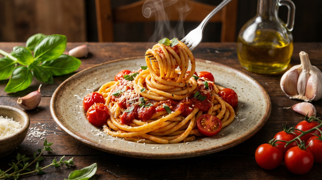 Pasta mit Tomatensauce, Kirschtomaten und Parmesan – Restaurant-Tipp für Essen gehen in Saarbrücken.