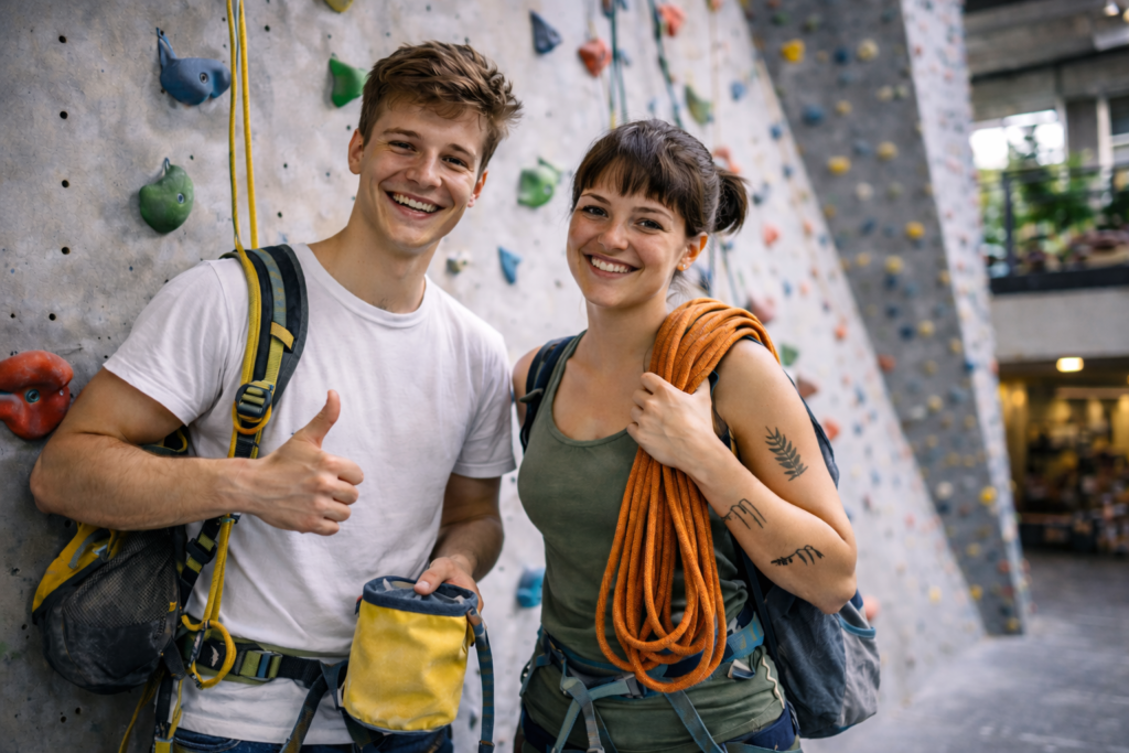 Zwei Studierende in einem Kletterzentrum in Saarbruecken posieren in Klettergurt und mit Seil vor der Kletterwand – guenstiger Sport fuer Studierende mit Studentenrabatt.
