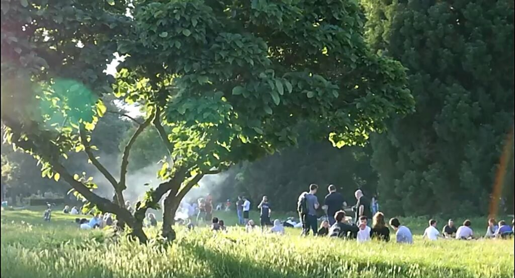 Park in Saarbrücken mit großer Wiese und Bäumen – Menschen picknicken und entspannen in den Grünflächen
