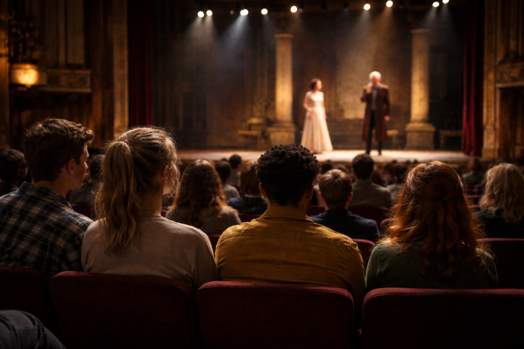 Studierende sitzen im Theater in Saarbruecken und schauen eine Live-Auffuehrung auf der Buehne – Tipps fuer Theater und Buehne in Saarbruecken.
