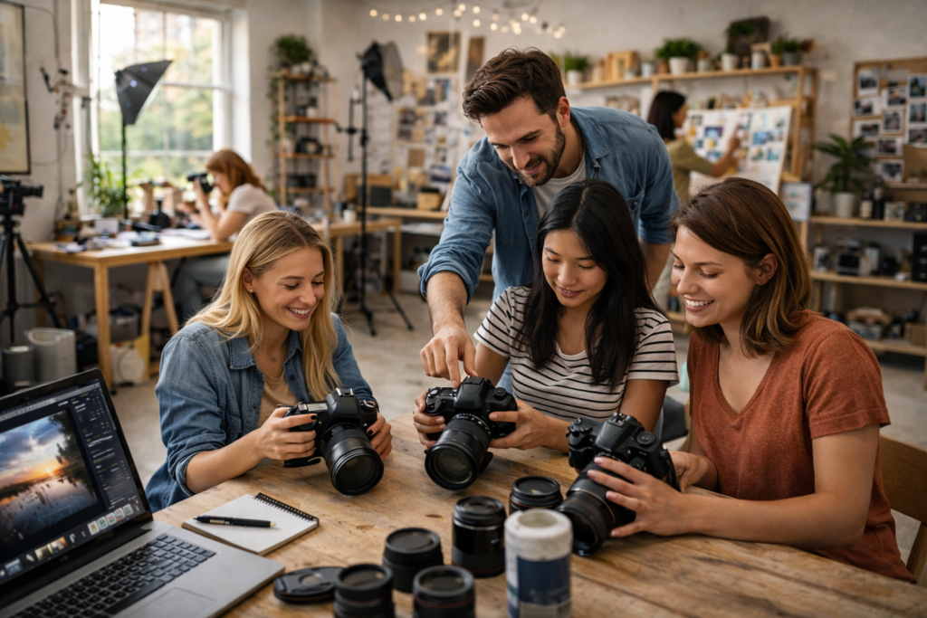 Fotografie-Workshop in Saarbruecken: Studierende lernen Kameraeinstellungen im Kreativ-Atelier – Workshop und Kurs fuer Anfaenger