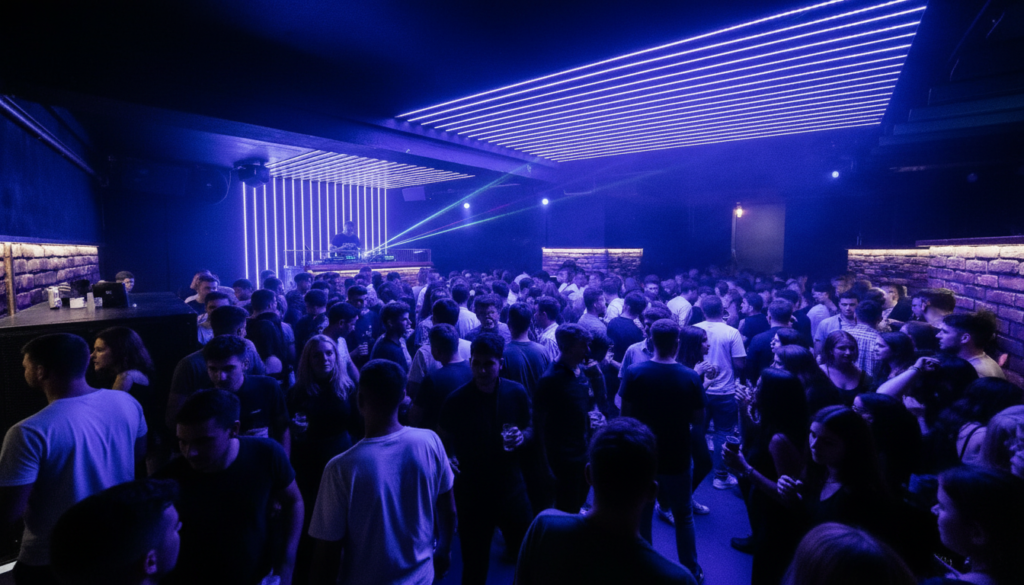 Innenraum des Blau Saarbrücken mit vielen feiernden Menschen auf der Tanzfläche, DJ-Pult und stimmungsvoller Clubbeleuchtung