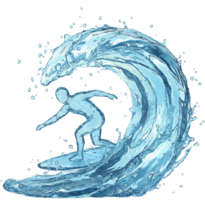 Eine Person die aus Wasser besteht und mit einem Surfbrett auf einer Welle surft.