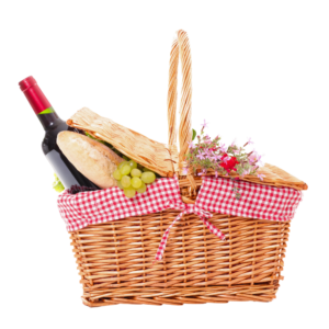 piknikkorb mit baguette, wein und trauben für studenten in saarbruecken